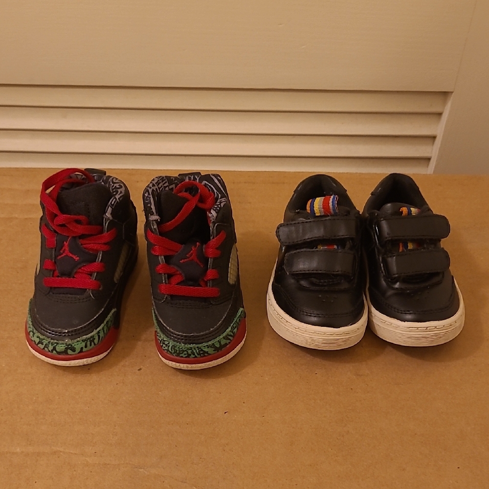 Kids Black and Red Jordan Sneakers and Navy Penguin Musingware Sneakers